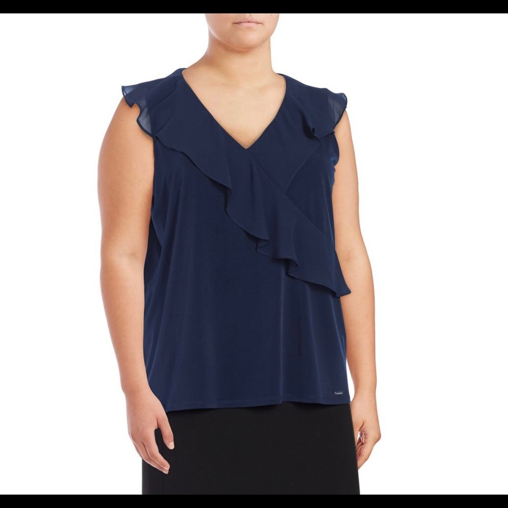 Calvin Klein Navy Blue Sleeveless Ruffle Blouse